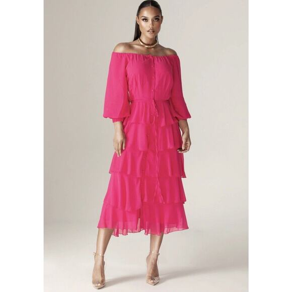 Alieva Dresses & Skirts - ALIEVA Pink Chiffon Tiered Off-Shoulder Ruffled Dorra Midi Dress Size Small